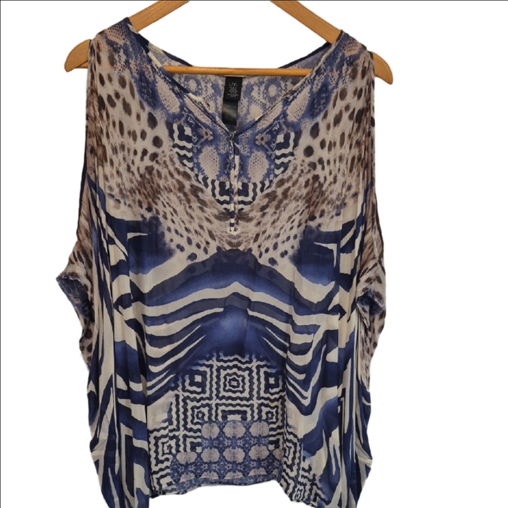 Chico's Black Label Blue and White Mixed-Print Sheer Cold Shoulder Tunic